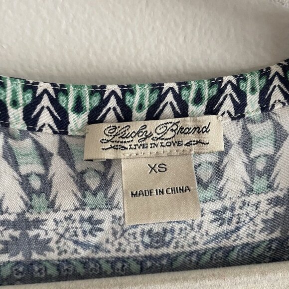 Lucky Brand Wmn SZ XS Blue/Green/White Boho Tunic Style Tie Neckline Short Dress - Picture 7 of 11